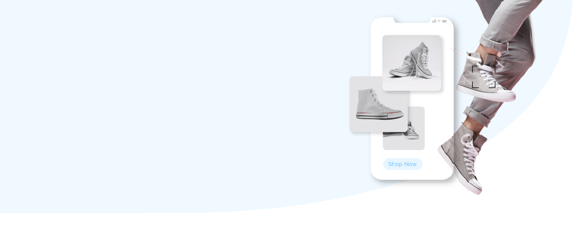 Close up of trendy grey sneakers with a mobile screen to the left displaying ad for the same sneakers